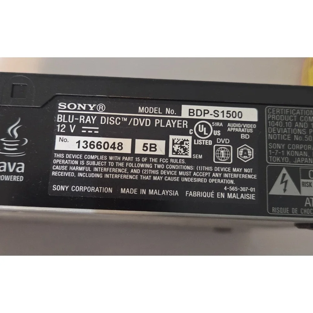 Sony BDP-S1500 Blu-Ray Disc/DVD Player W/Built-In Wi-Fi